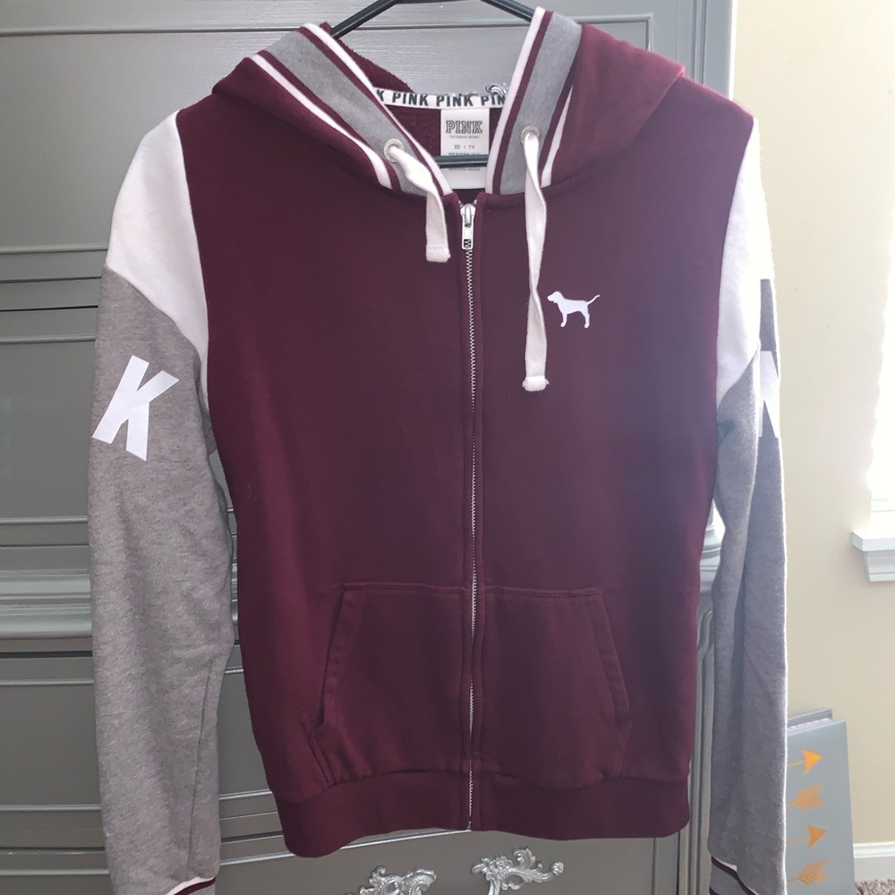 Maroon, Grey & White Zip-up Hoodie, Worn
